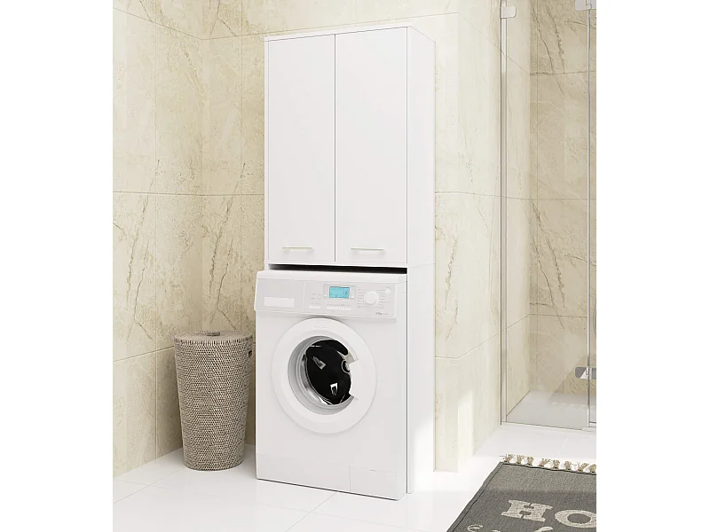 Badkamerkast voor Wasmachine FIN / Hoge Wasmachinekast met 2 Deuren / AKORD Furniture Factory / Wit / 64 x 180 x 30 cm