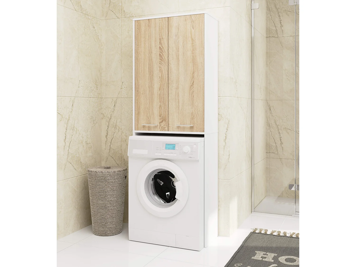 Badkamerkast voor Wasmachine FIN / Hoge Wasmachinekast met 2 Deuren / AKORD Furniture Factory / Wit - Sonoma Eik / 64 x 180 x 30 cm