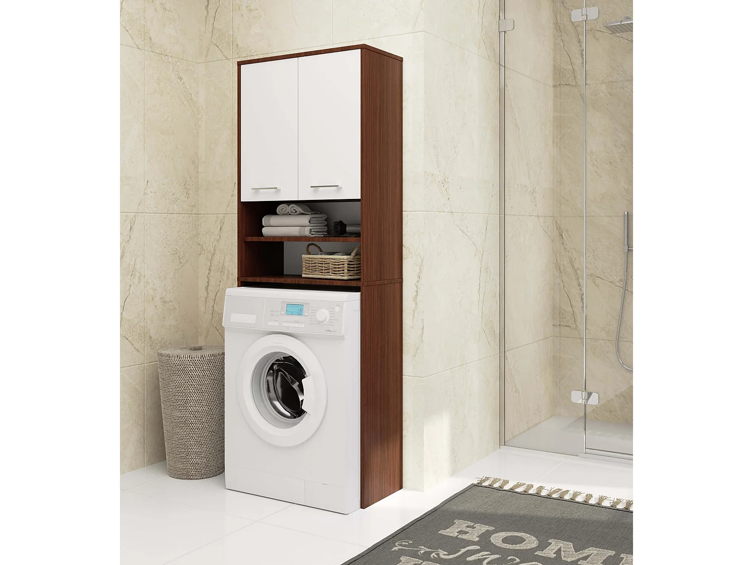 Meuble pour machine à laver FIN Wengé 64 cm 2 portes façade Blanche niche 4 étagères 64x30x180 cm