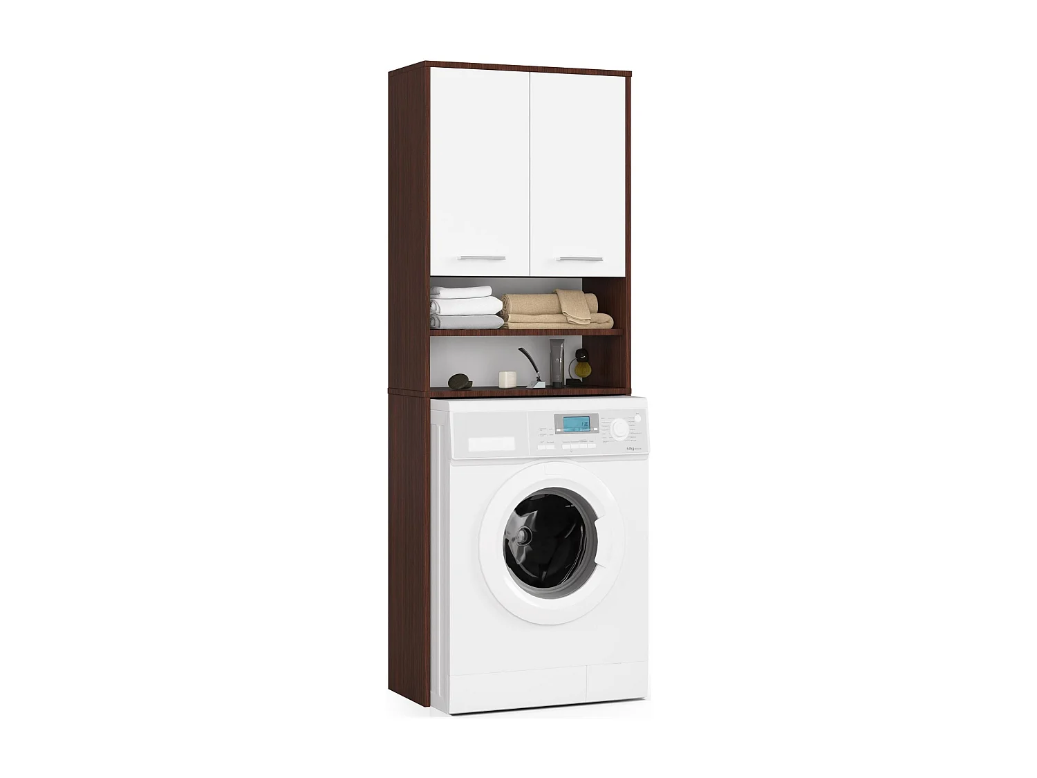 Meuble pour machine à laver FIN Wengé 64 cm 2 portes façade Blanche niche 4 étagères 64x30x180 cm
