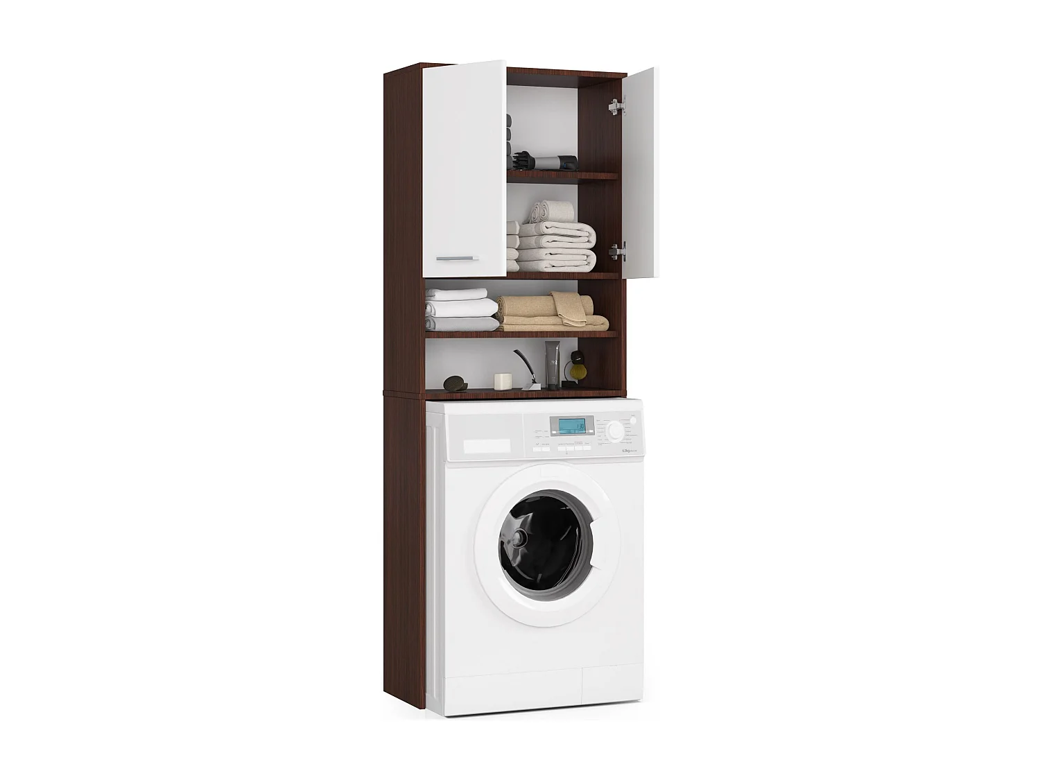 Meuble pour machine à laver FIN Wengé 64 cm 2 portes façade Blanche niche 4 étagères 64x30x180 cm
