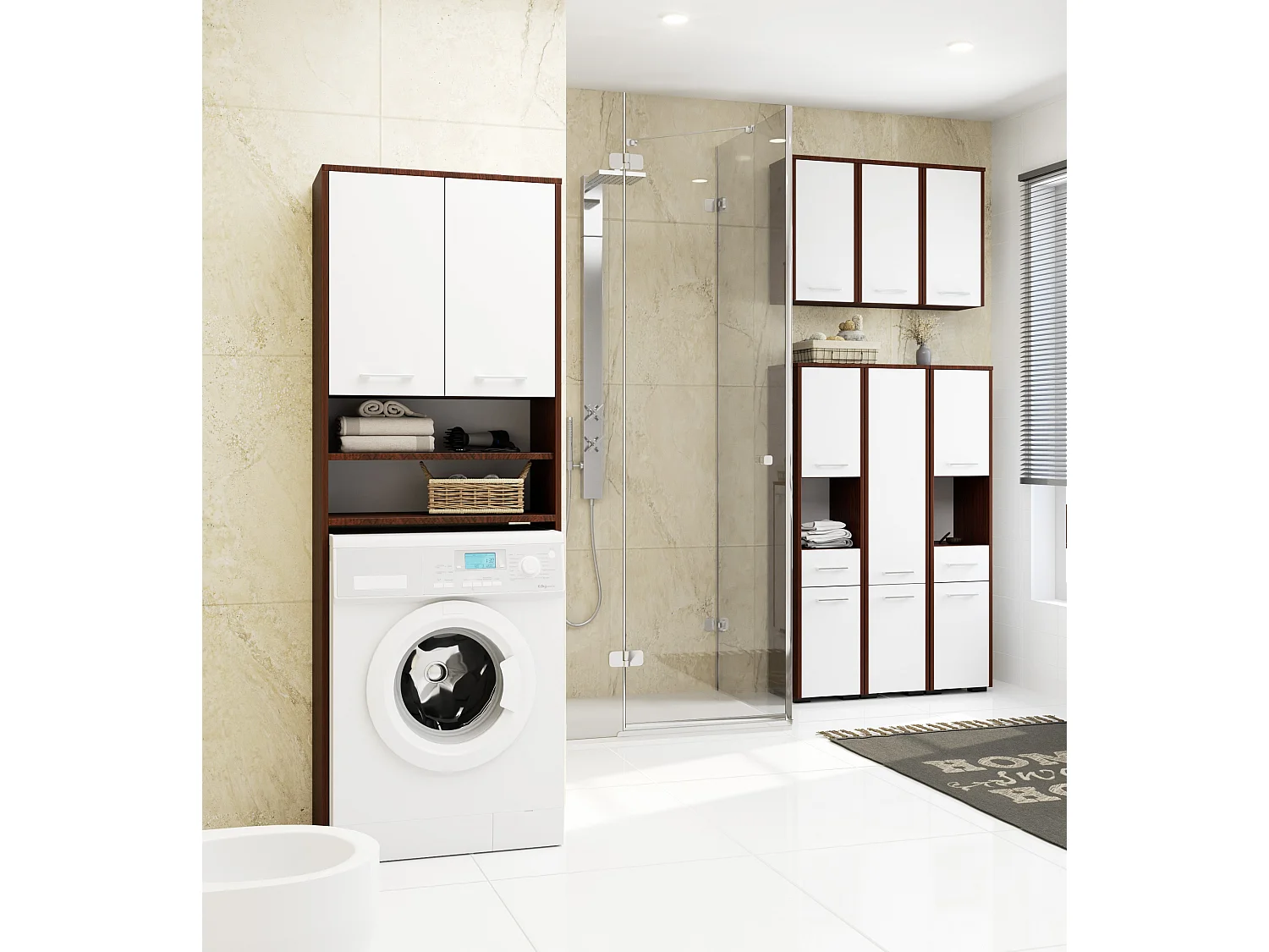 Meuble pour machine à laver FIN Wengé 64 cm 2 portes façade Blanche niche 4 étagères 64x30x180 cm