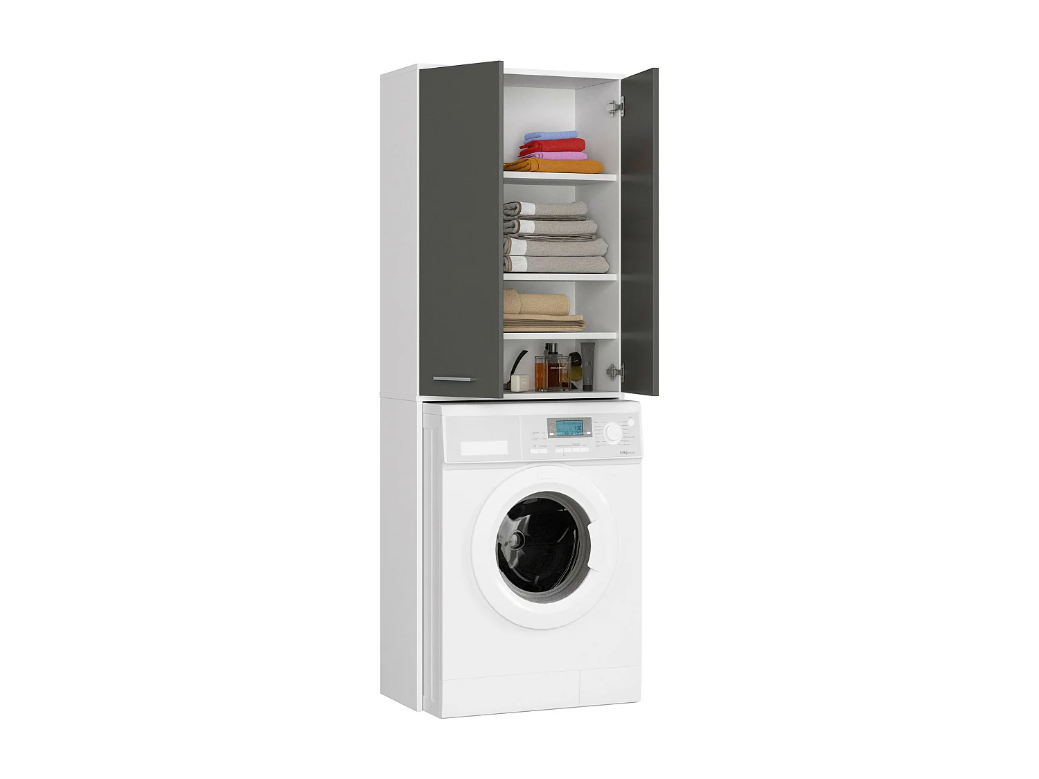 Waschmaschinenschrank AKORD FIN Badschrank Weiß 64 cm breit 2 Türen 4 Ebenen Front Graphitgrau B64 x H180 x T30 cm