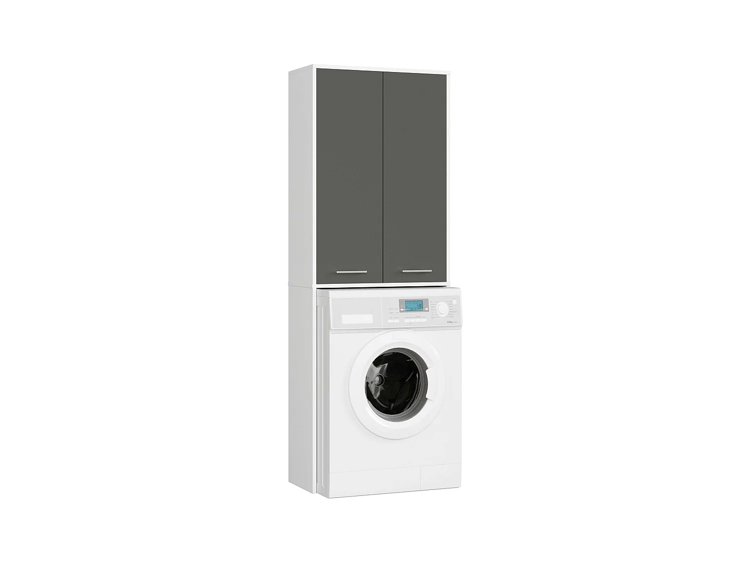 Meuble pour machine à laver FIN Blanche 64 cm 2 portes façade Gris Graphite 4 étagères 64x30x180 cm
