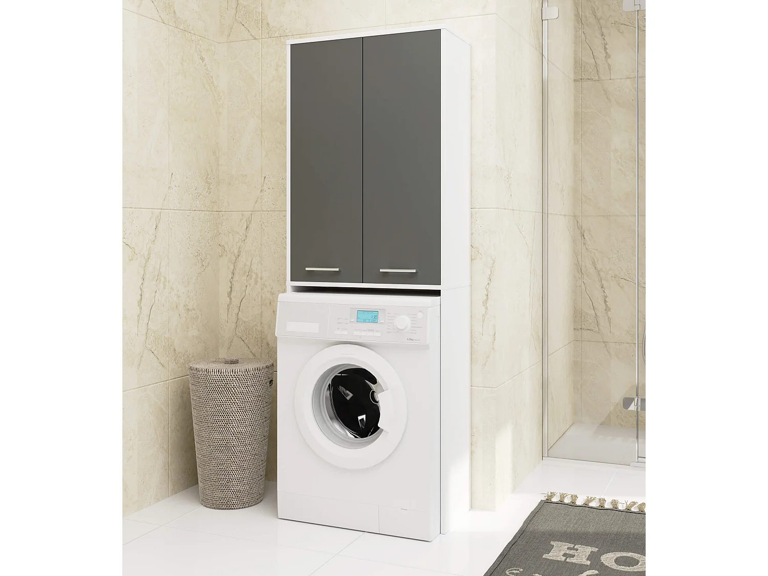 Badkamerkast voor Wasmachine FIN / Hoge Wasmachinekast met 2 Deuren / AKORD Furniture Factory / Wit - Grafietgrijs / 64 x 180 x 30 cm