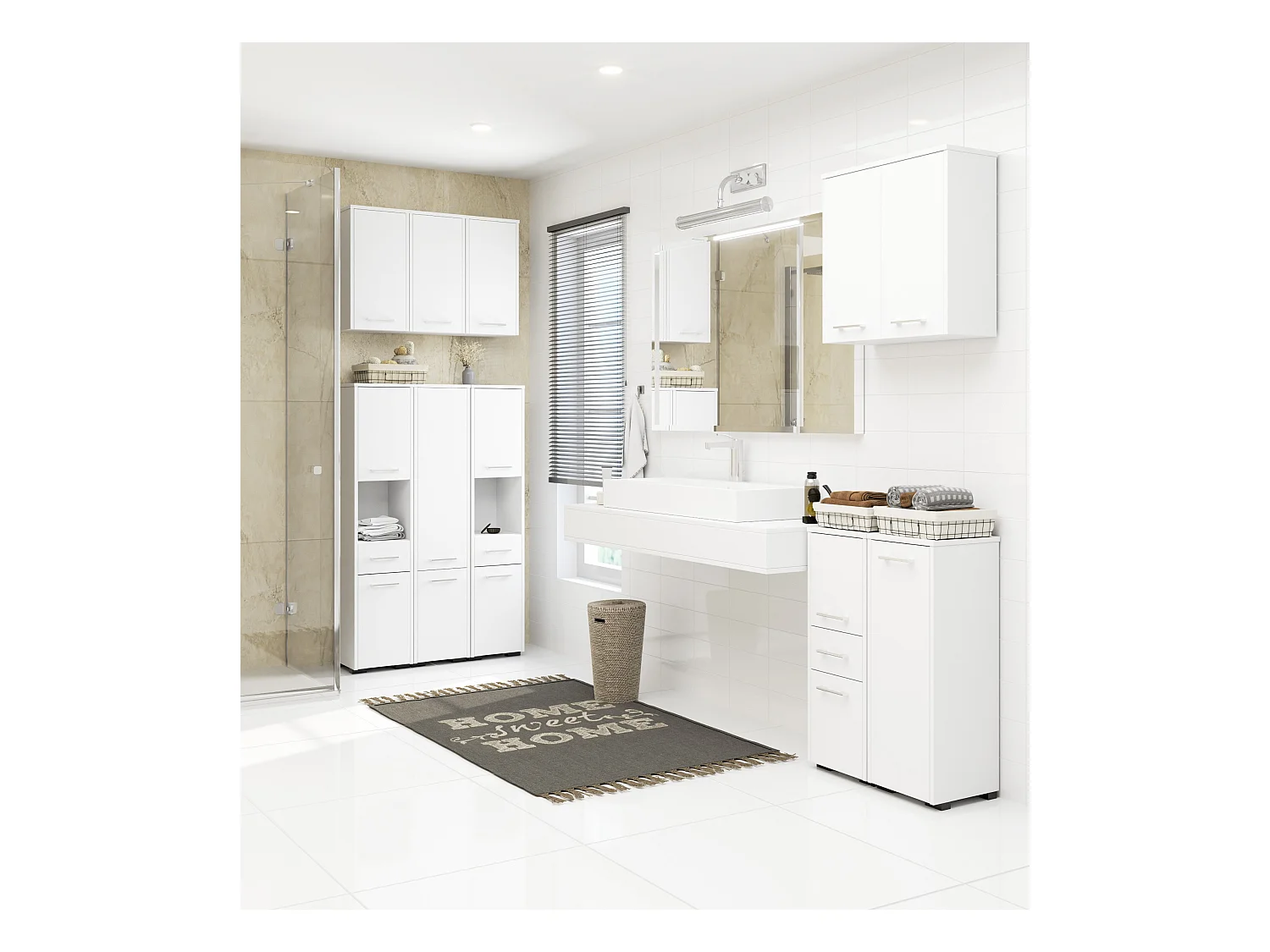 Colonne salle de bains AKORD FIN Blanche 30 cm 2 portes 1 tiroir façade Blanche 5 étagères 30x30x140 cm