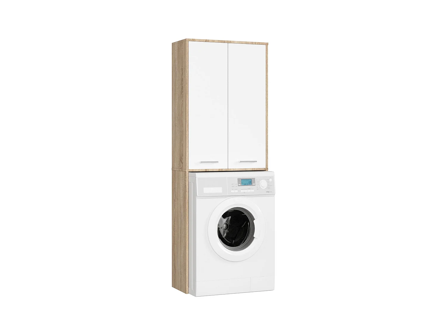 Meuble pour machine à laver FIN Chêne Sonoma 64 cm 2 portes façade Blanche 4 étagères 64x30x180 cm
