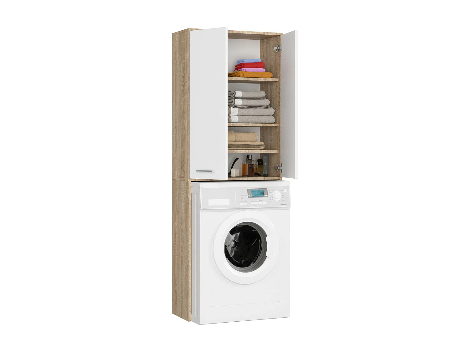 Badkamerkast voor Wasmachine FIN / Hoge Wasmachinekast met 2 Deuren / AKORD Furniture Factory / Sonoma Eik - Wit / 64 x 180 x 30 cm