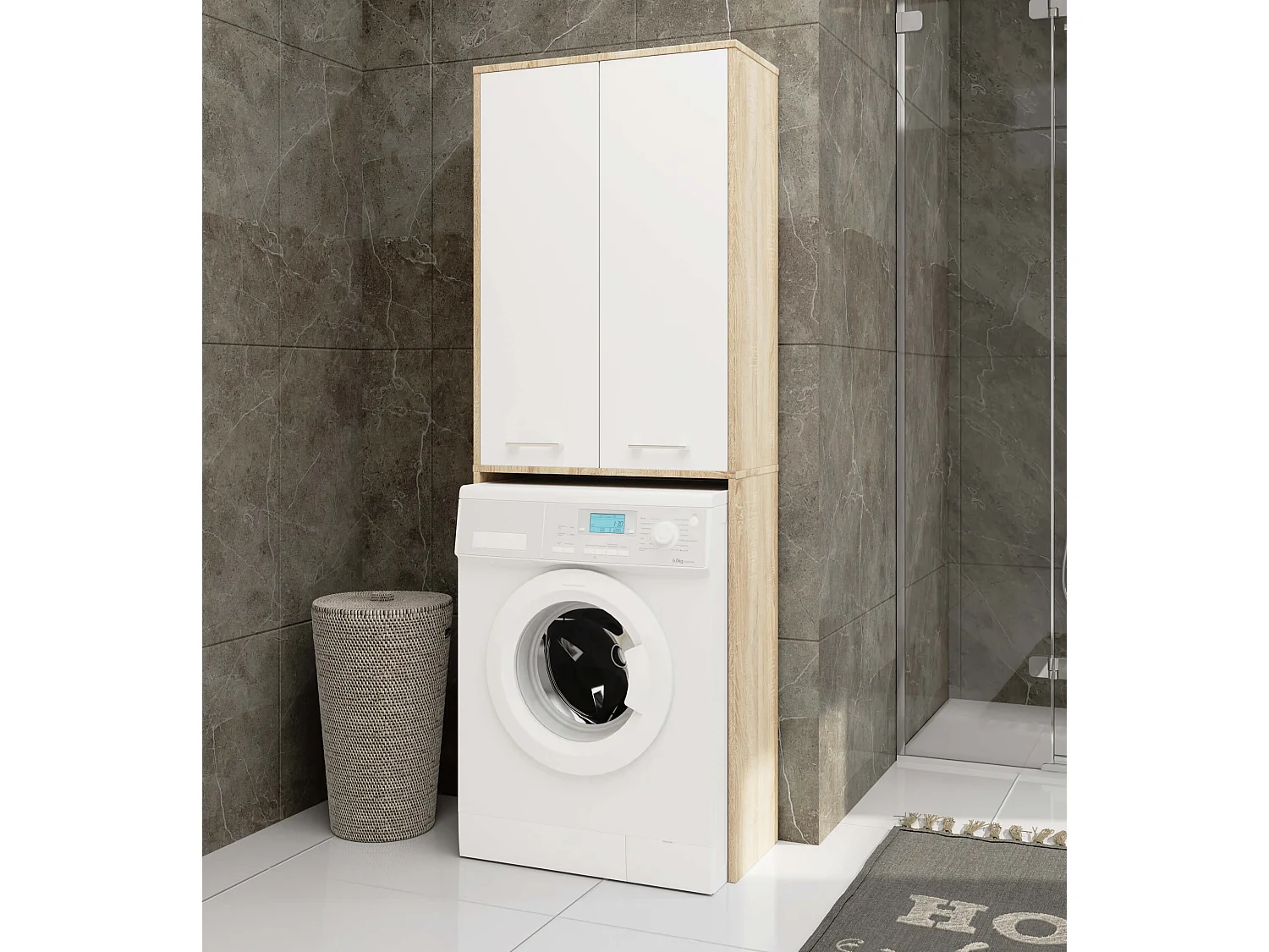 Badkamerkast voor Wasmachine FIN / Hoge Wasmachinekast met 2 Deuren / AKORD Furniture Factory / Sonoma Eik - Wit / 64 x 180 x 30 cm