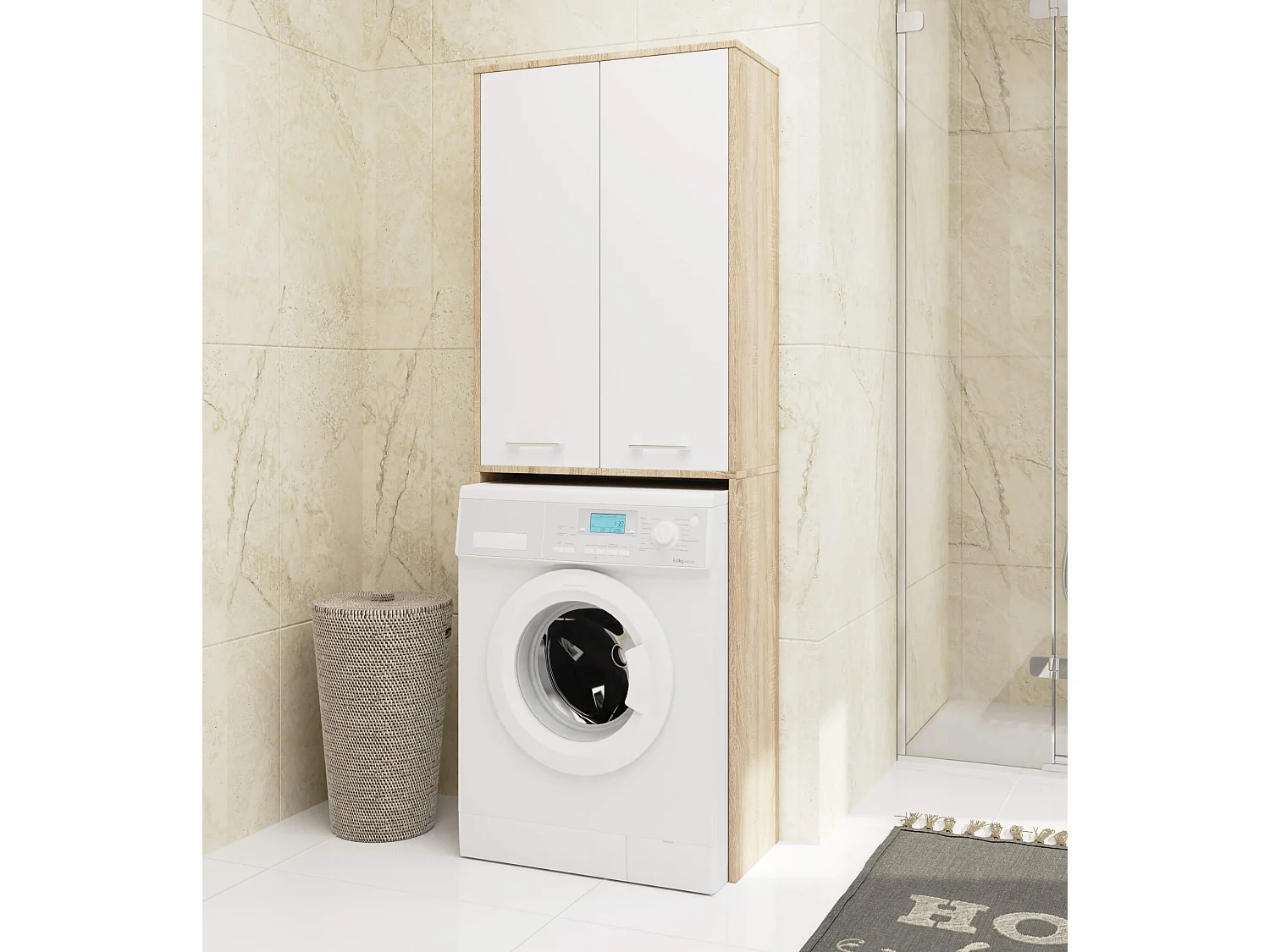 Badkamerkast voor Wasmachine FIN / Hoge Wasmachinekast met 2 Deuren / AKORD Furniture Factory / Sonoma Eik - Wit / 64 x 180 x 30 cm