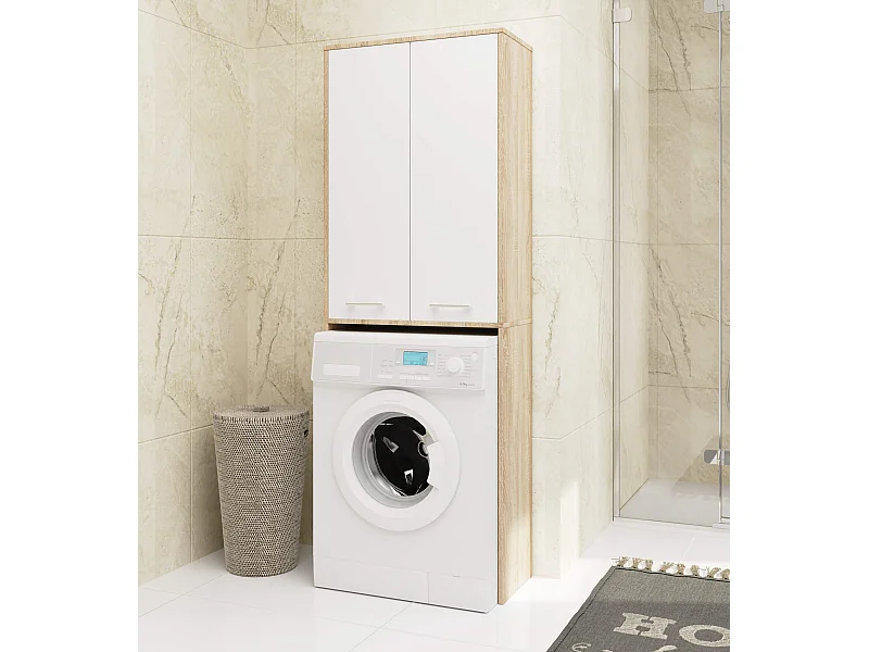 Badkamerkast voor Wasmachine FIN / Hoge Wasmachinekast met 2 Deuren / AKORD Furniture Factory / Sonoma Eik - Wit / 64 x 180 x 30 cm