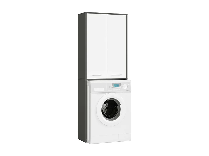FIN Badkamer Zuil 180 Wasmachine Kast - Grafietgrijs/Wit, 2 Deuren, 4 Planken, Matte Afwerking, Zelfmontage, 64x180x30 cm