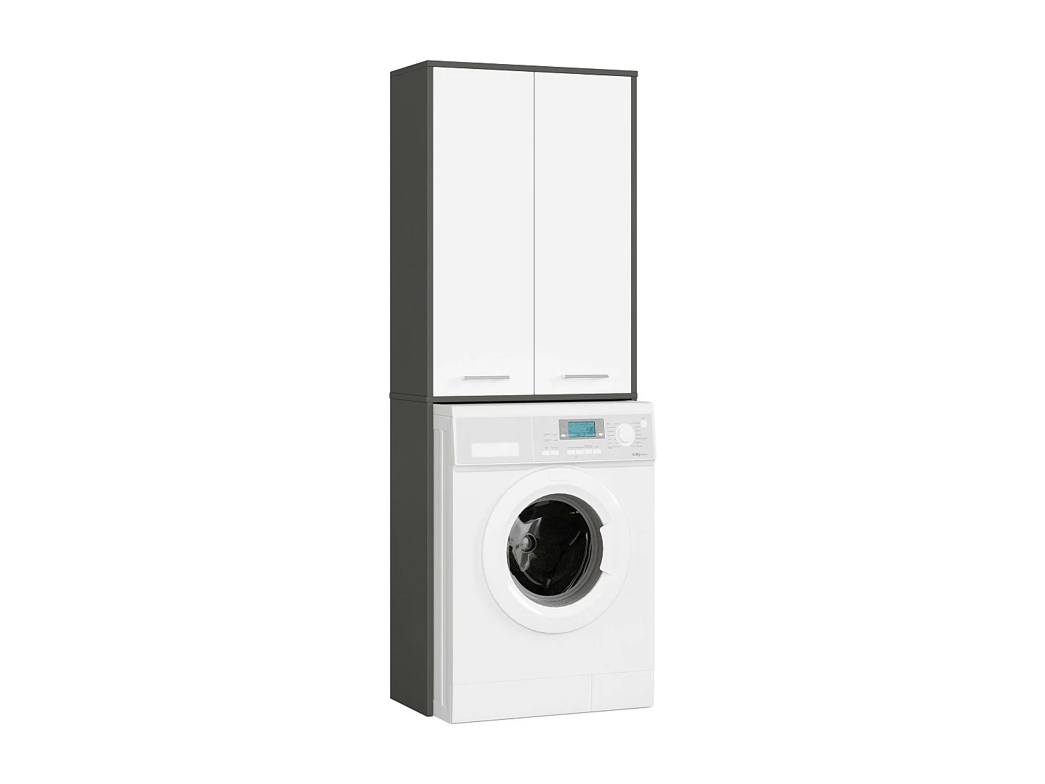 FIN Badkamer Zuil 180 Wasmachine Kast - Grafietgrijs/Wit, 2 Deuren, 4 Planken, Matte Afwerking, Zelfmontage, 64x180x30 cm