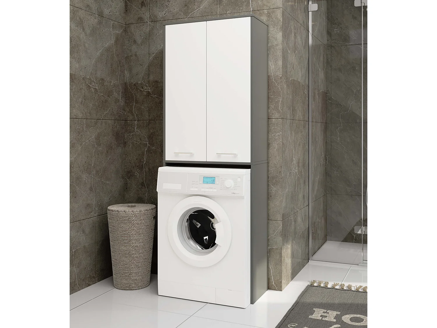 FIN Badkamer Zuil 180 Wasmachine Kast - Grafietgrijs/Wit, 2 Deuren, 4 Planken, Matte Afwerking, Zelfmontage, 64x180x30 cm