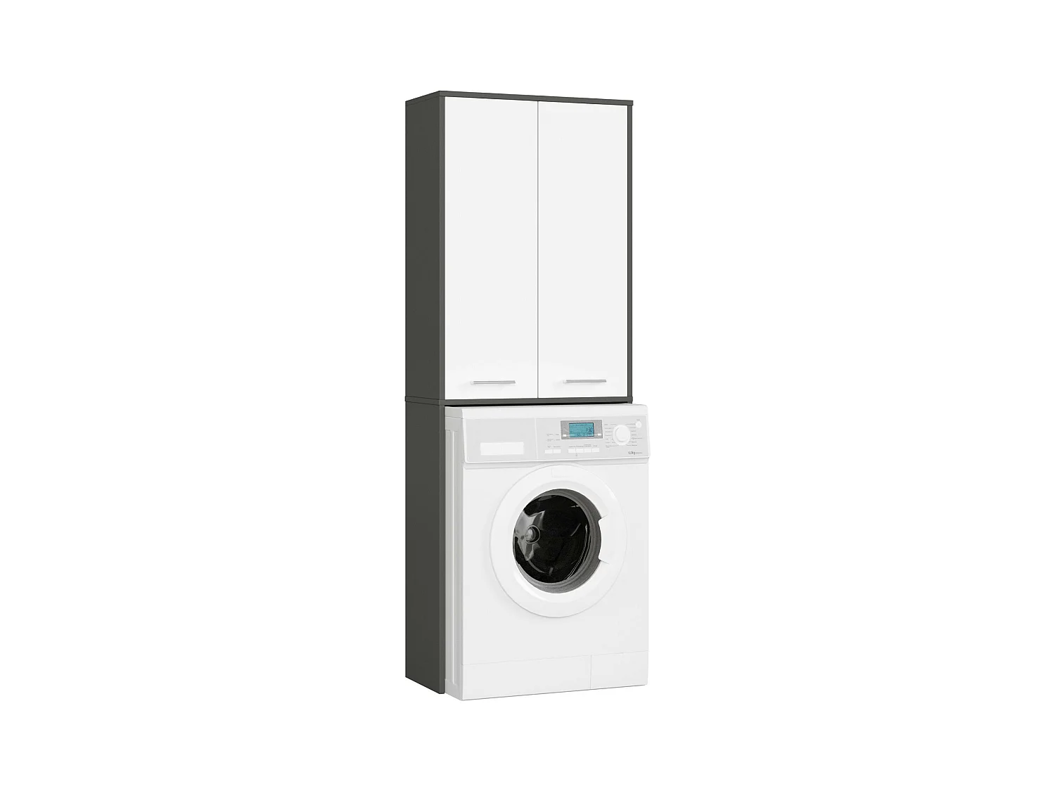 Meuble pour machine à laver FIN Gris Graphite 64 cm 2 portes façade Blanche 4 étagères 64x30x180 cm