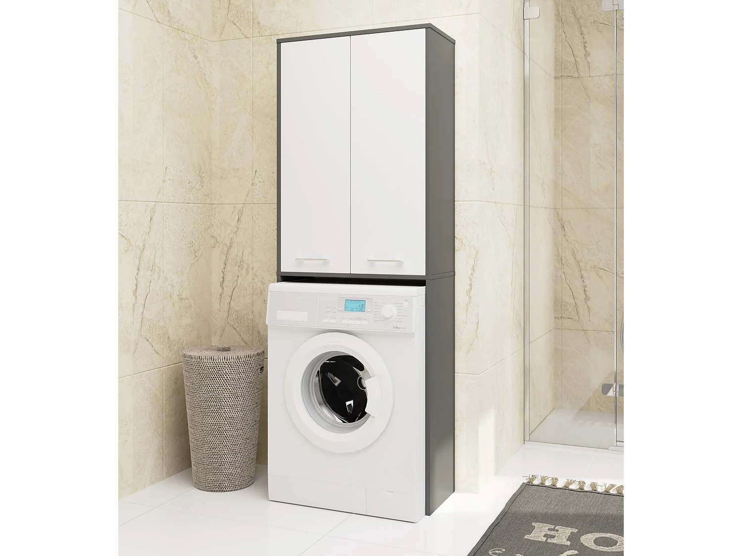 Meuble pour machine à laver FIN Gris Graphite 64 cm 2 portes façade Blanche 4 étagères 64x30x180 cm