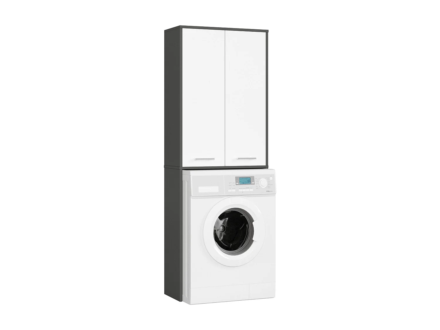 Meuble pour machine à laver FIN Gris Graphite 64 cm 2 portes façade Blanche 4 étagères 64x30x180 cm