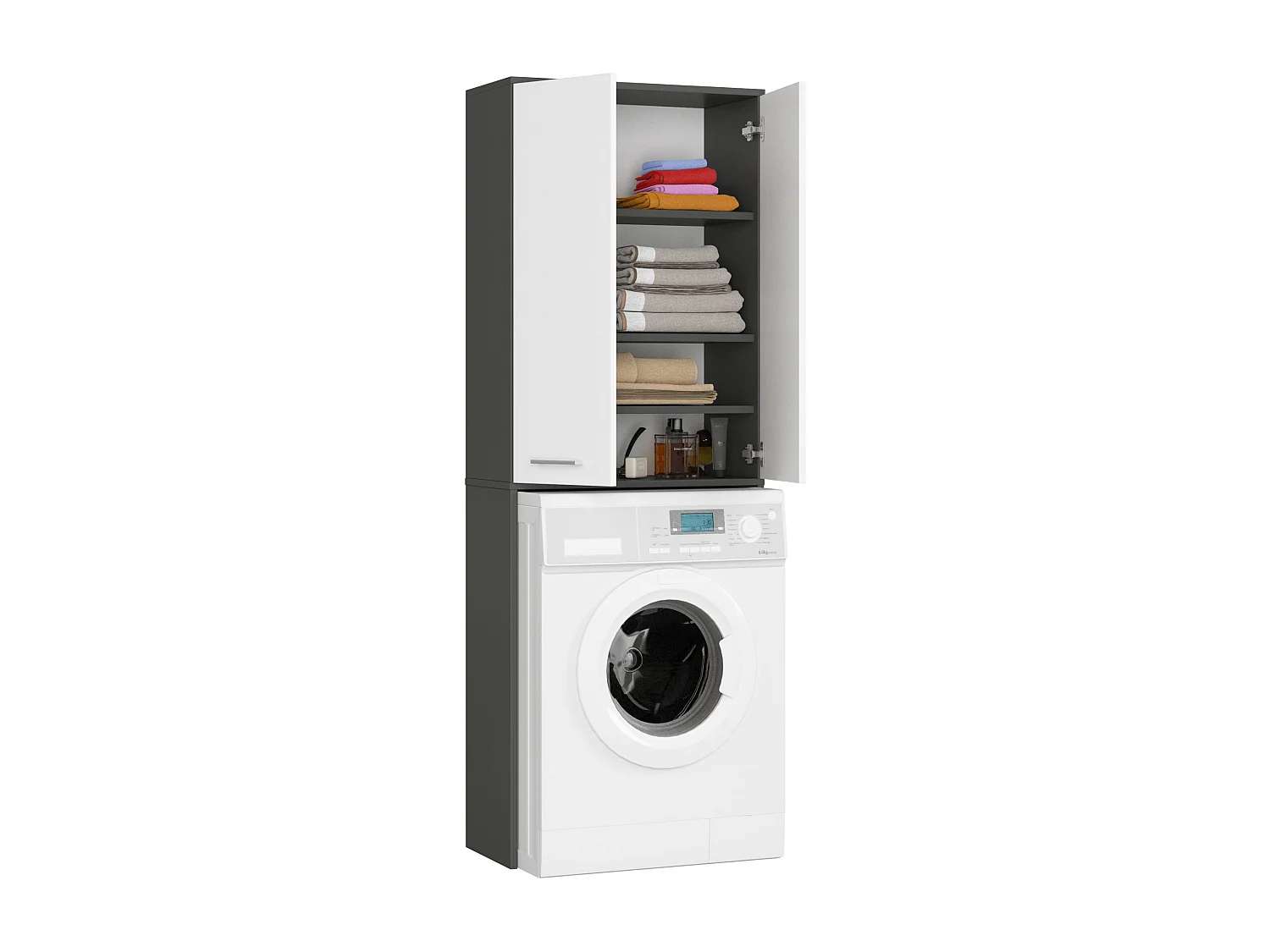 Meuble pour machine à laver FIN Gris Graphite 64 cm 2 portes façade Blanche 4 étagères 64x30x180 cm