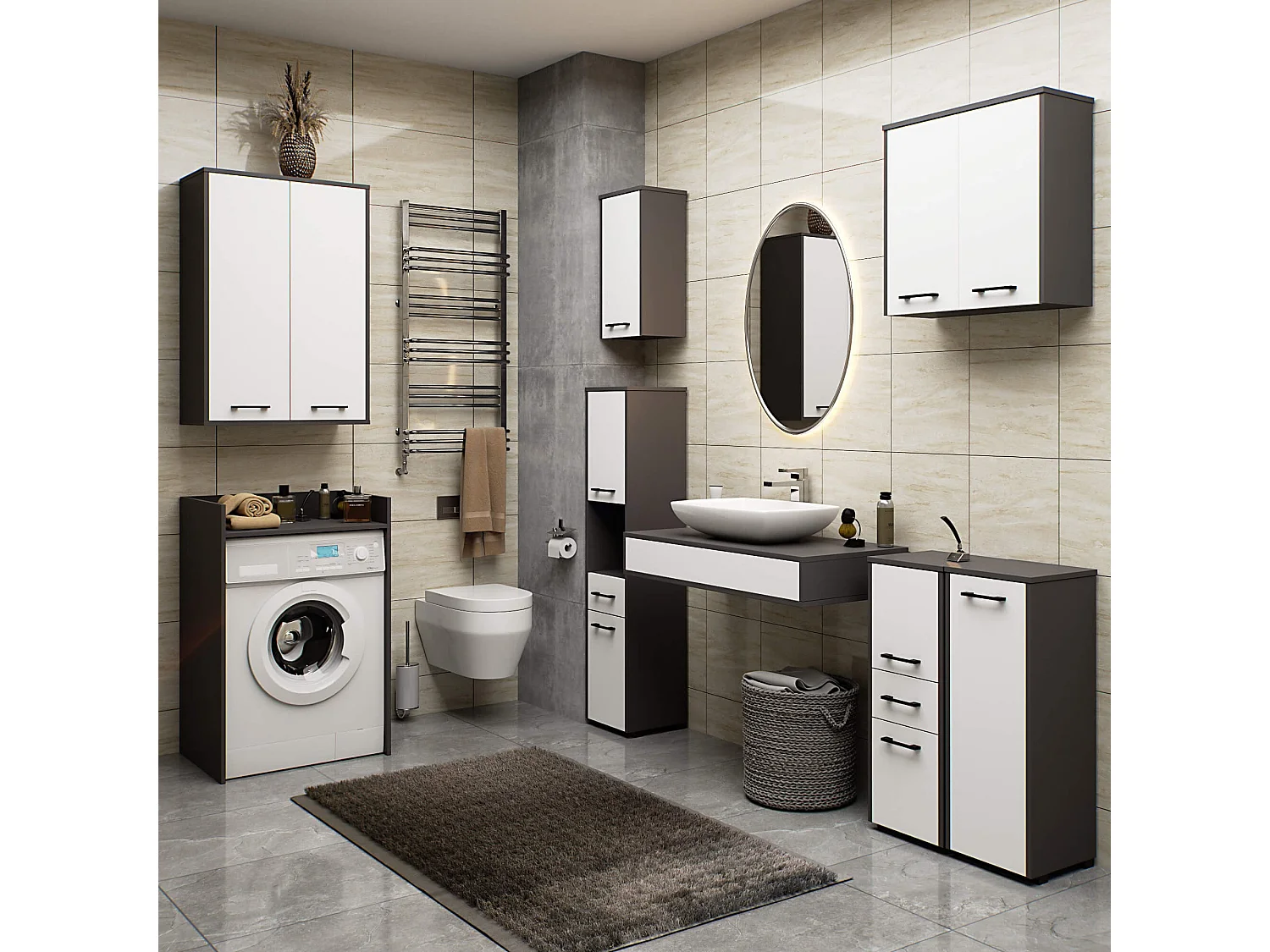 Meuble pour machine à laver FIN Gris Graphite 64 cm 2 portes façade Blanche 4 étagères 64x30x180 cm