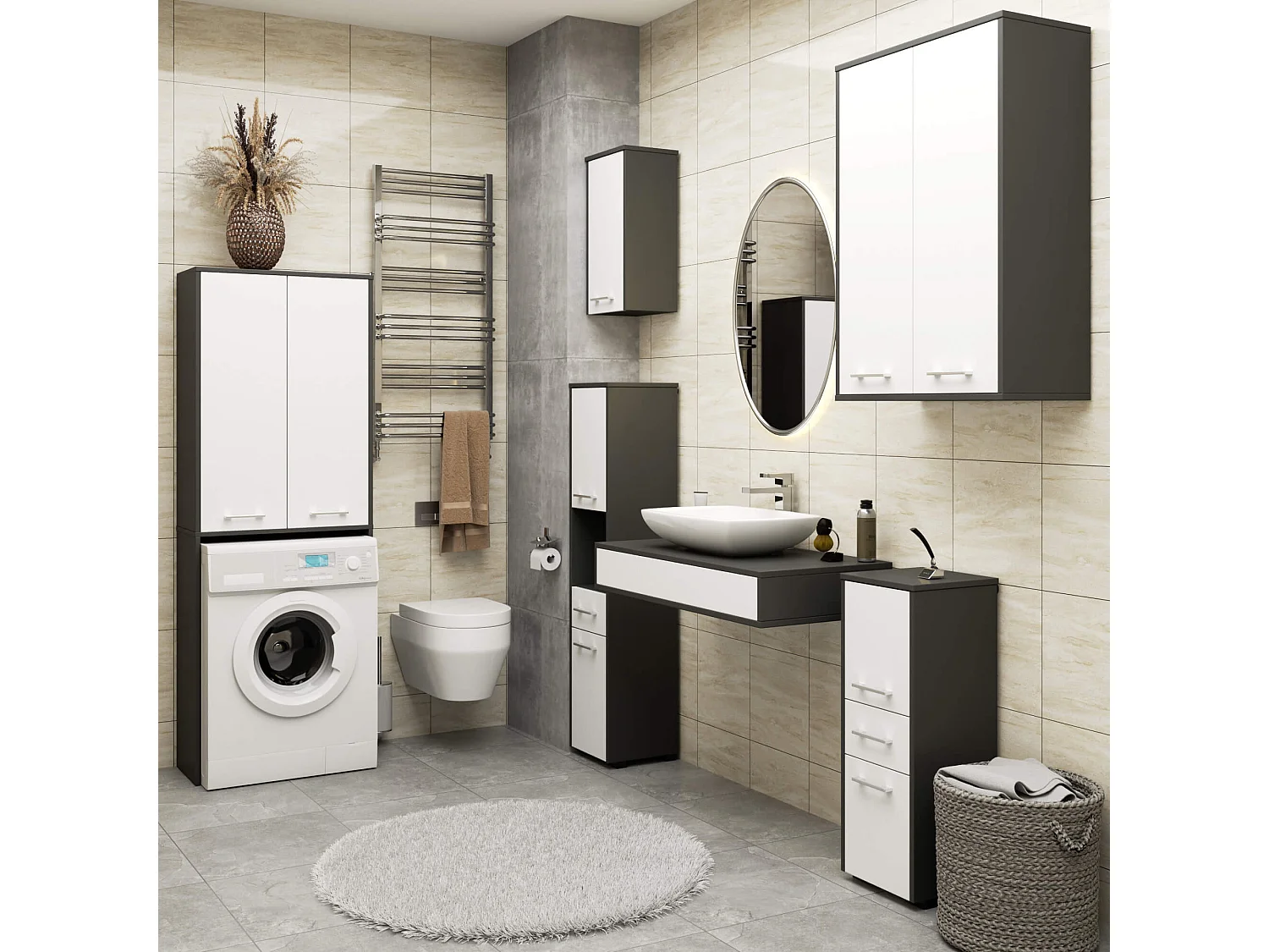 Meuble pour machine à laver FIN Gris Graphite 64 cm 2 portes façade Blanche 4 étagères 64x30x180 cm