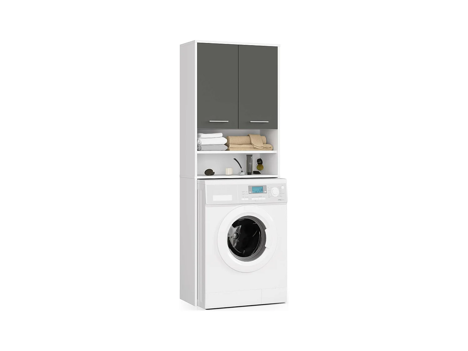 Meuble pour machine à laver FIN Blanche 64 cm 2 portes façade Gris Graphite niche 4 étagères 64x30x180 cm
