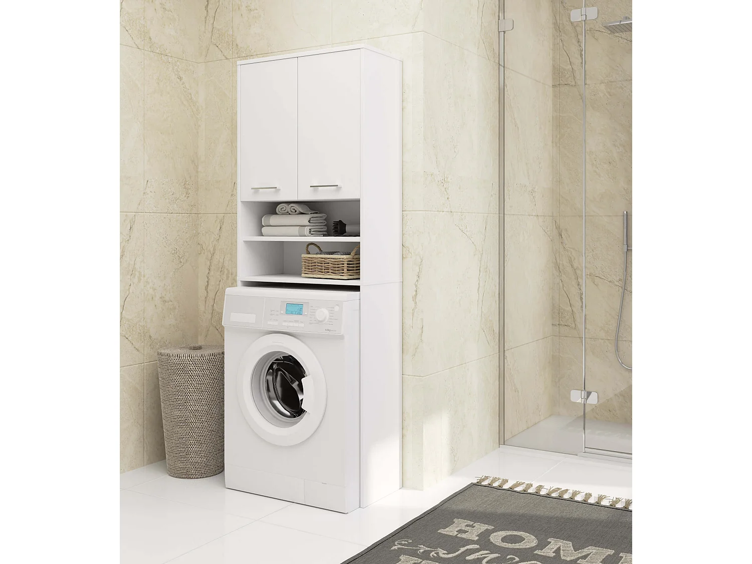 Badkamerkast voor Wasmachine FIN / Hoge Wasmachinekast met 2 Deuren / AKORD Furniture Factory / Wit / 64 x 180 x 30 cm