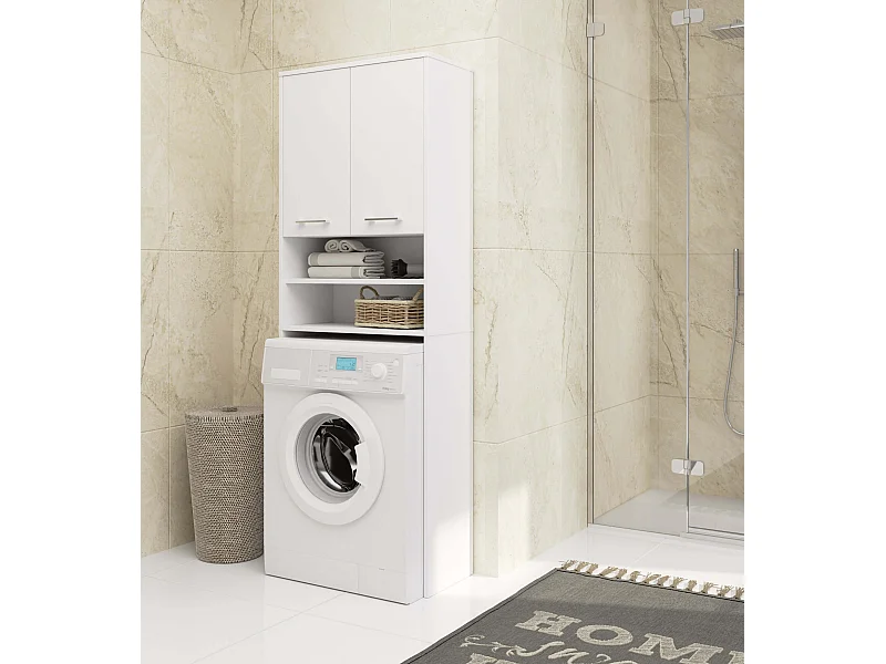 Badkamerkast voor Wasmachine FIN / Hoge Wasmachinekast met 2 Deuren / AKORD Furniture Factory / Wit / 64 x 180 x 30 cm