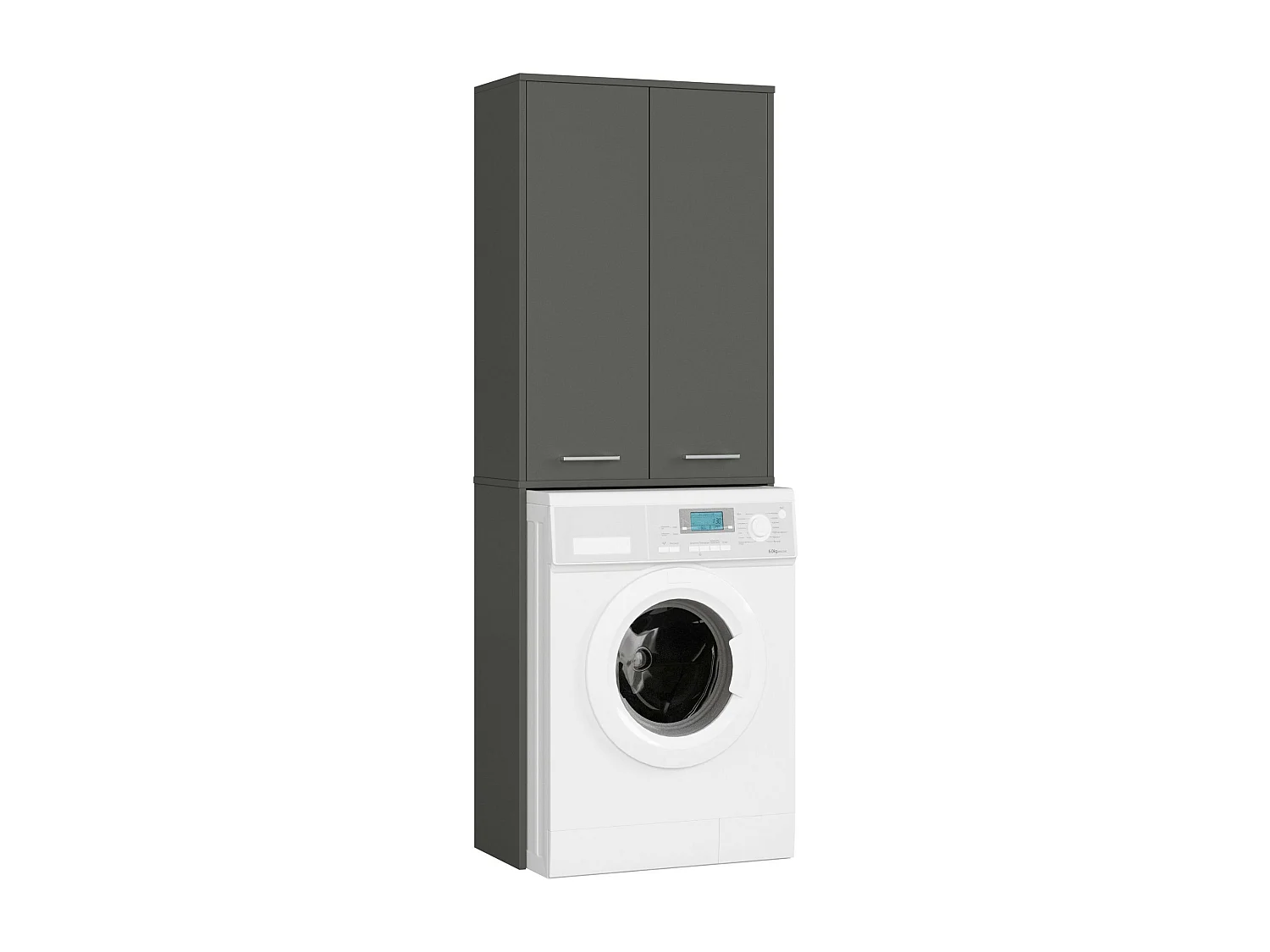 Badkamerkast voor Wasmachine FIN / Hoge Wasmachinekast met 2 Deuren / AKORD Furniture Factory / Grafietgrijs / 64 x 180 x 30 cm
