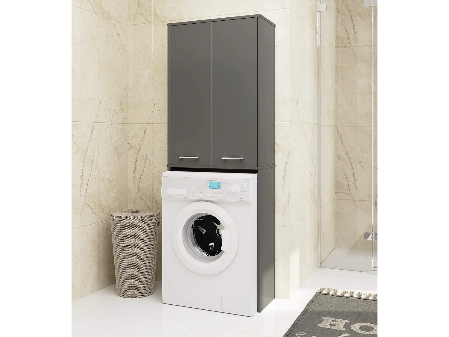 Badkamerkast voor Wasmachine FIN / Hoge Wasmachinekast met 2 Deuren / AKORD Furniture Factory / Grafietgrijs / 64 x 180 x 30 cm