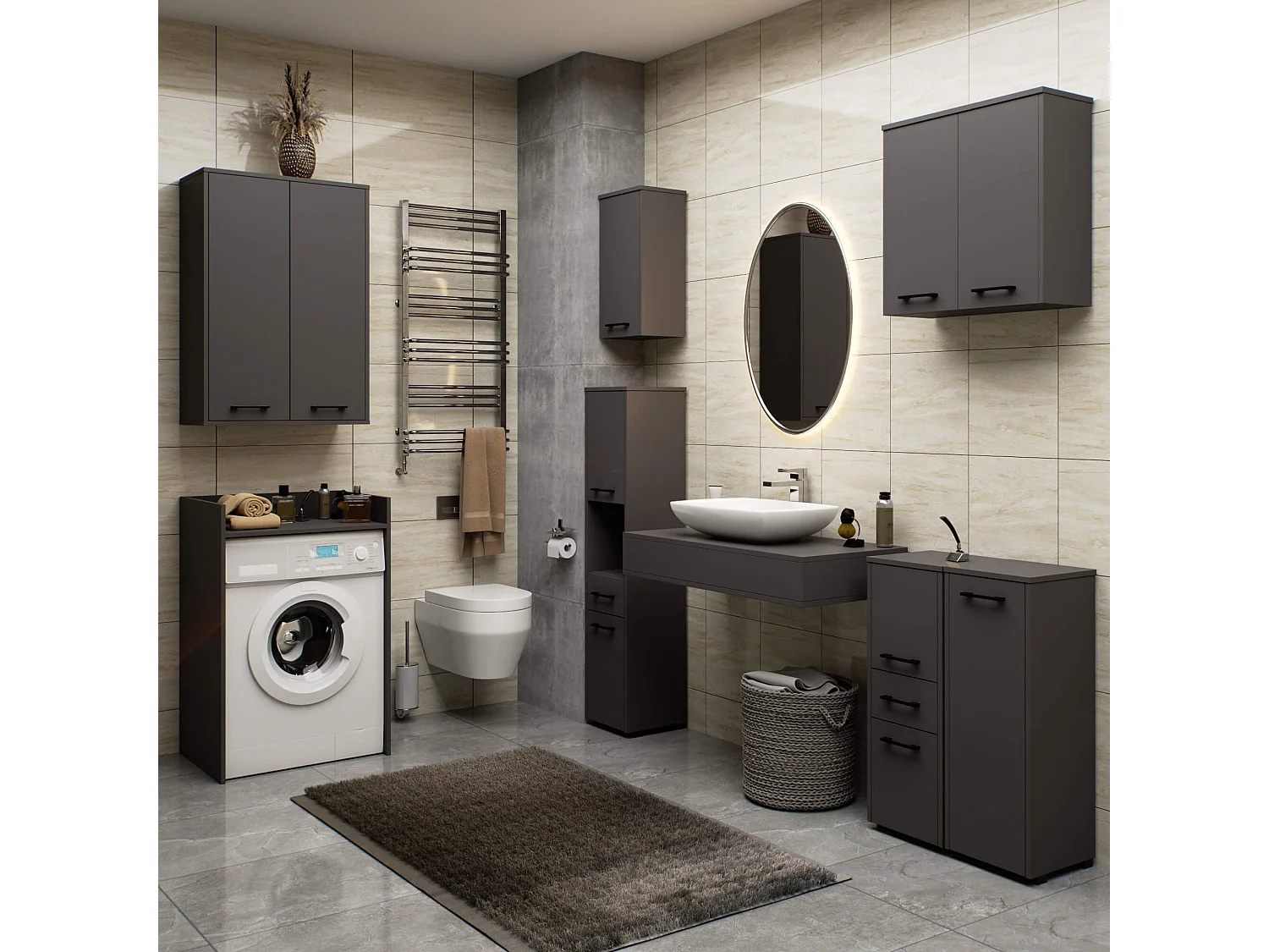 Meuble pour machine à laver FIN Gris Graphite 64 cm 2 portes façade Gris Graphite 4 étagères 64x30x180 cm