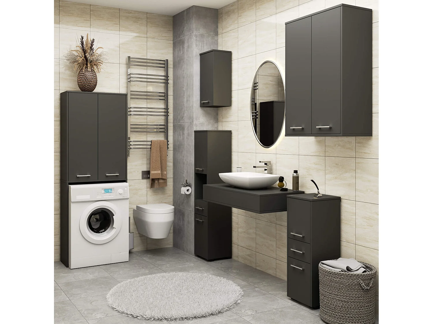 Meuble pour machine à laver FIN Gris Graphite 64 cm 2 portes façade Gris Graphite 4 étagères 64x30x180 cm