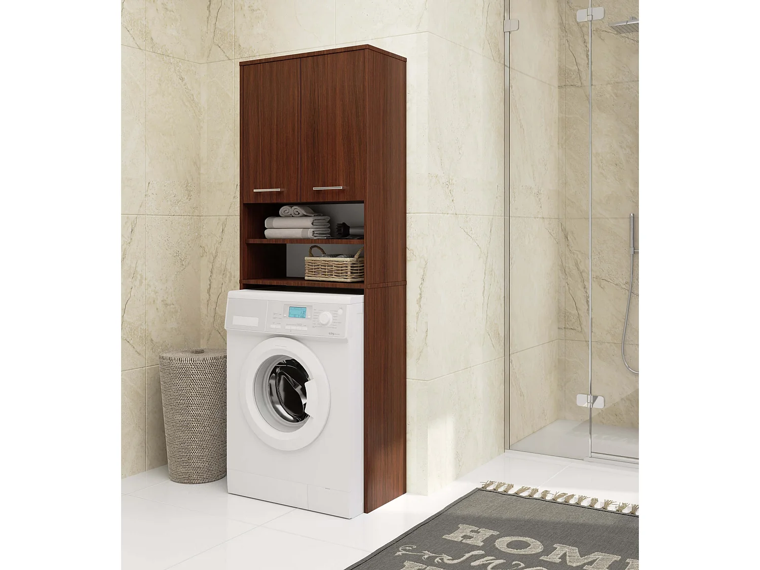 Badkamerkast voor Wasmachine FIN / Hoge Wasmachinekast met 2 Deuren / AKORD Furniture Factory / Venge / 64 x 180 x 30 cm