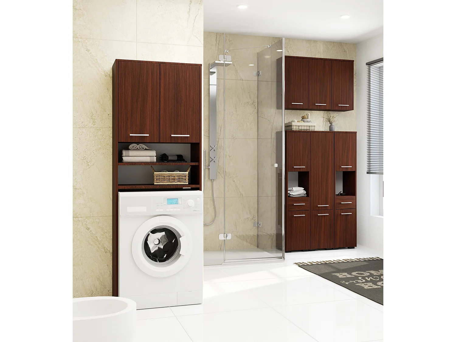 Meuble pour machine à laver FIN Wengé 64 cm 2 portes façade Wengé niche 4 étagères 64x30x180 cm