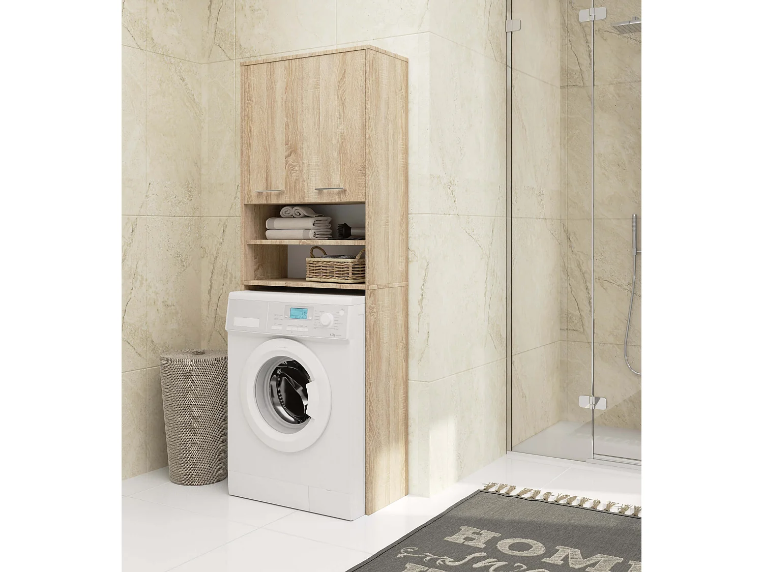 Badkamerkast voor Wasmachine FIN / Hoge Wasmachinekast met 2 Deuren / AKORD Furniture Factory / Sonoma Eik / 64 x 180 x 30 cm