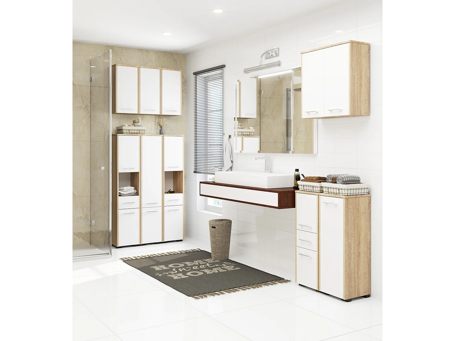 Colonna da bagno AKORD FIN Sonoma Quercia 30 cm 2 ante inserto frontale Bianco 30x30x140 cm