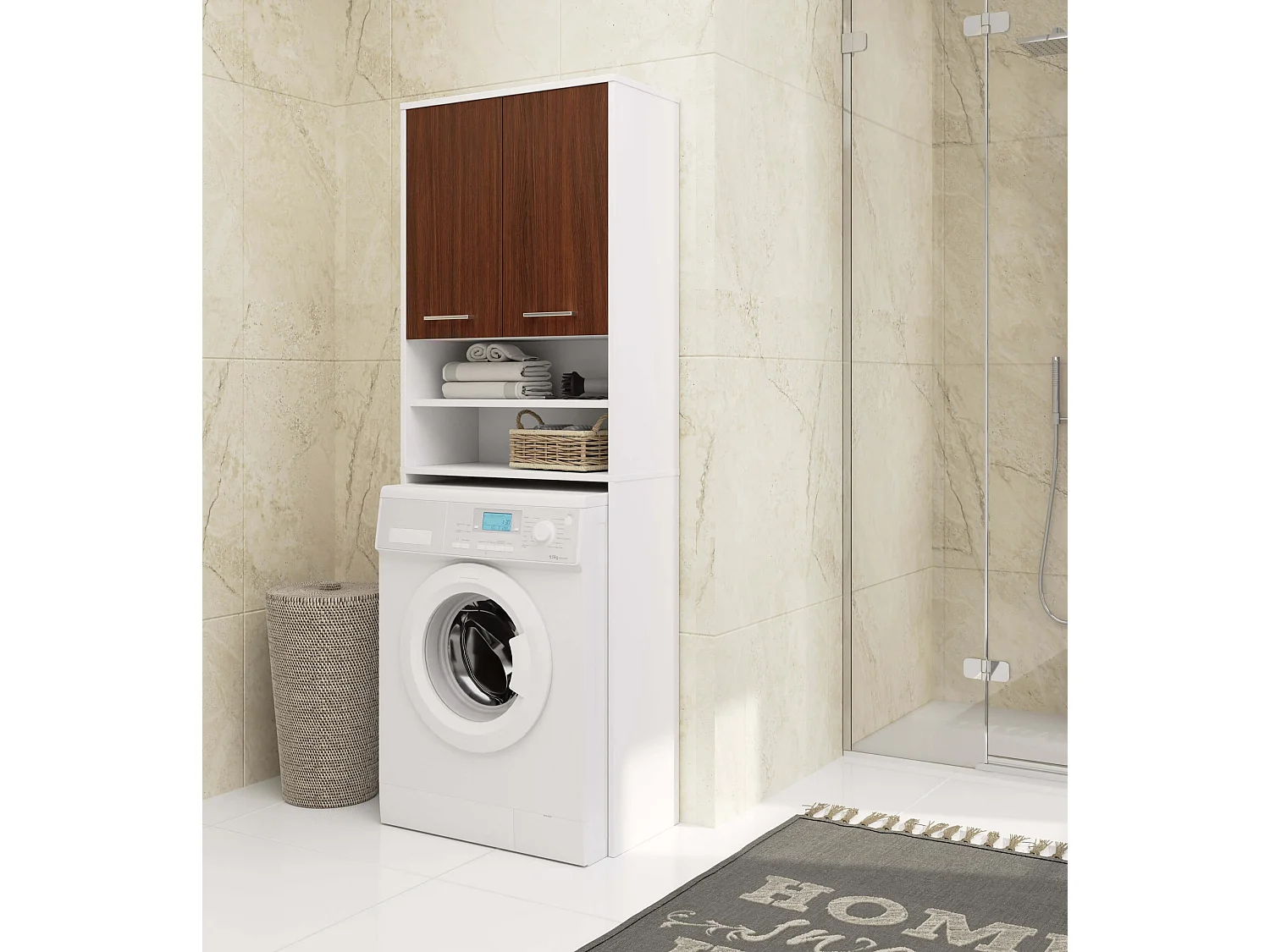 Colonna da bagno AKORD FIN per incasso di una lavatrice Bianca 64 cm 2 ante inserto frontale Wengé 64x30x180 cm