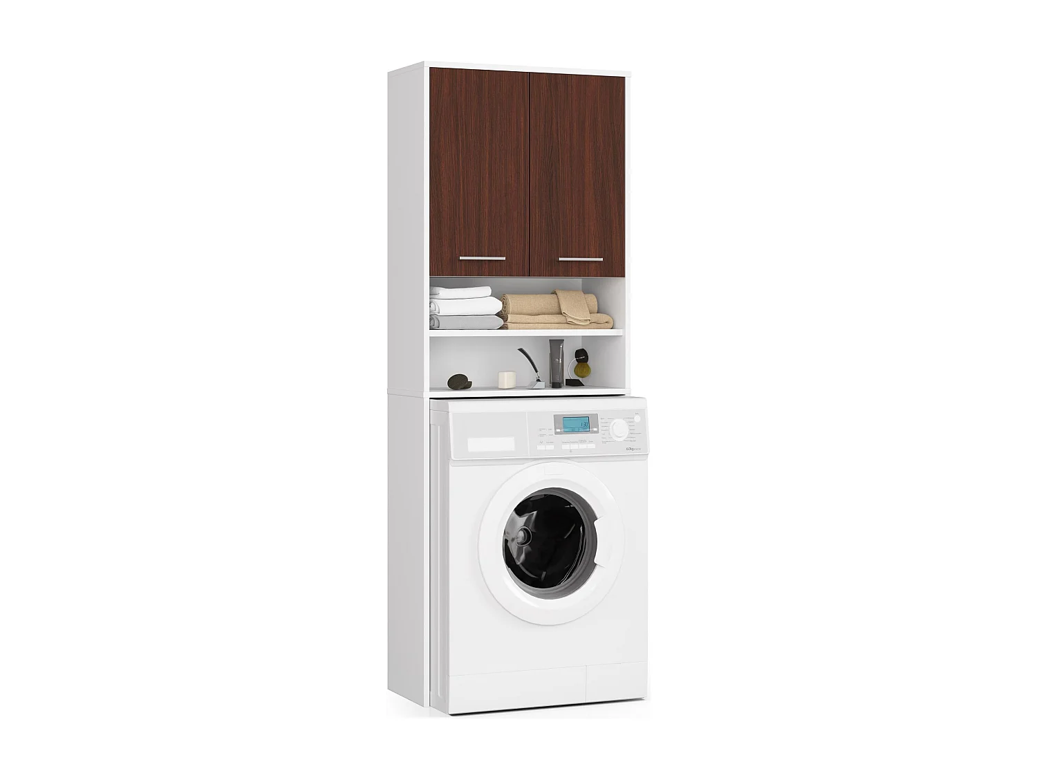 Colonna da bagno AKORD FIN per incasso di una lavatrice Bianca 64 cm 2 ante inserto frontale Wengé 64x30x180 cm