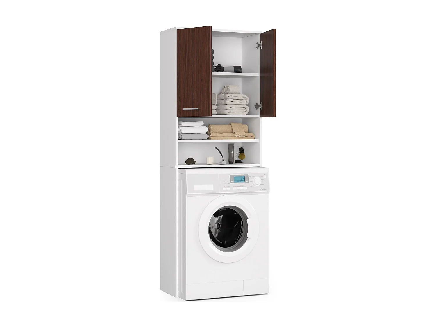 Colonna da bagno AKORD FIN per incasso di una lavatrice Bianca 64 cm 2 ante inserto frontale Wengé 64x30x180 cm