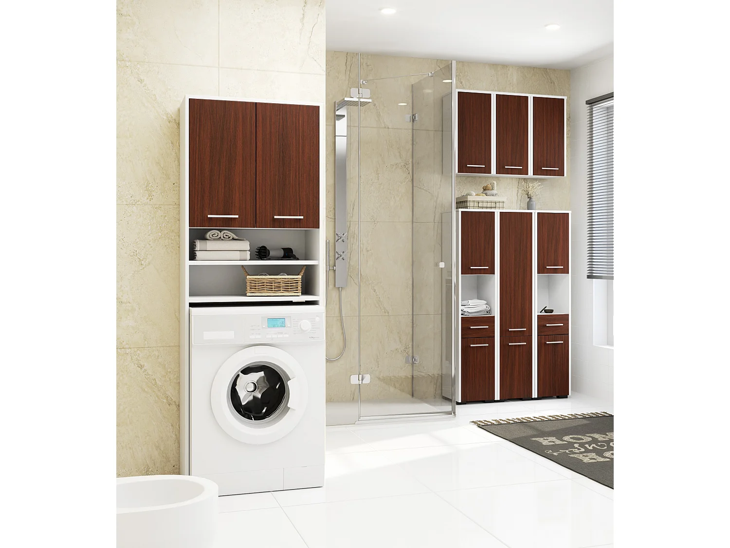 Colonna da bagno AKORD FIN per incasso di una lavatrice Bianca 64 cm 2 ante inserto frontale Wengé 64x30x180 cm