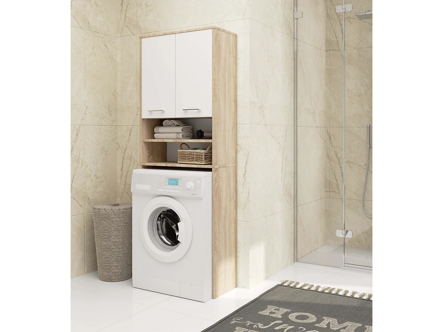 Colonna da bagno AKORD FIN per incasso di una lavatrice Sonoma Quercia 64 cm 2 ante inserto frontale Bianco 64x30x180 cm