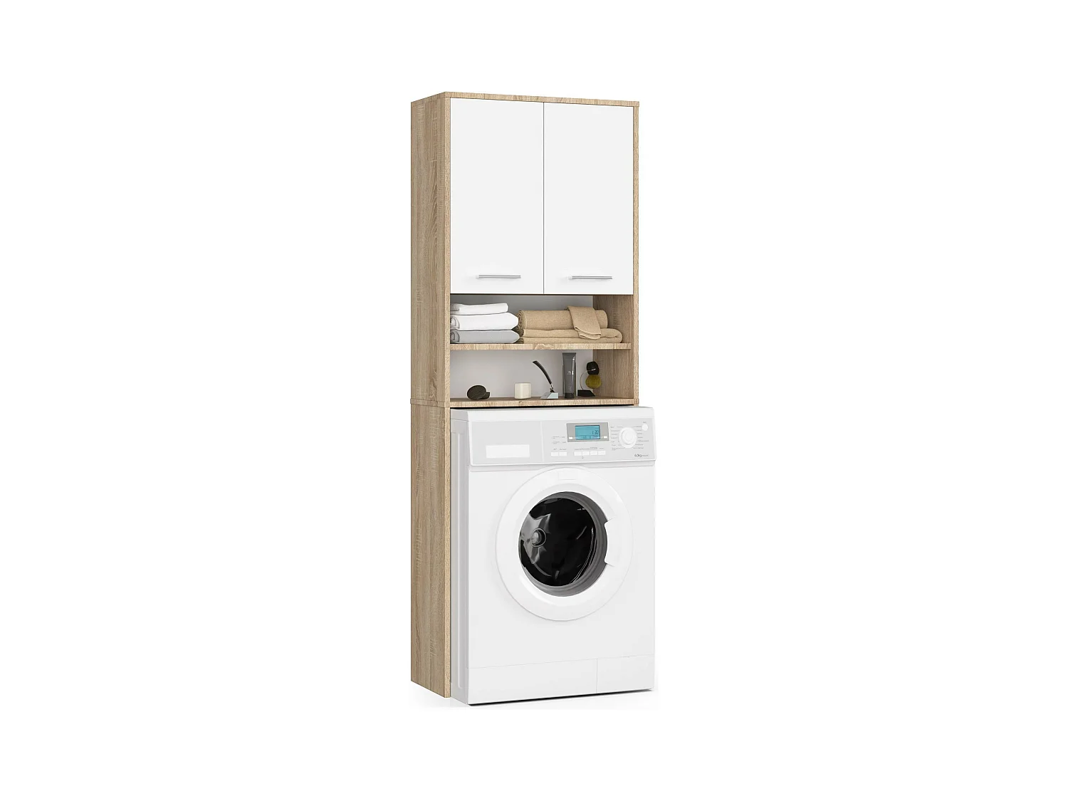 Meuble pour machine à laver FIN Chêne Sonoma 64 cm 2 portes façade Blanche niche 4 étagères 64x30x180 cm