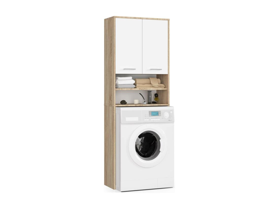 vente unique Meuble pour machine à laver FIN Chêne Sonoma 64 cm 2 portes façade Blanche niche 4 étagères 64x30x180 cm