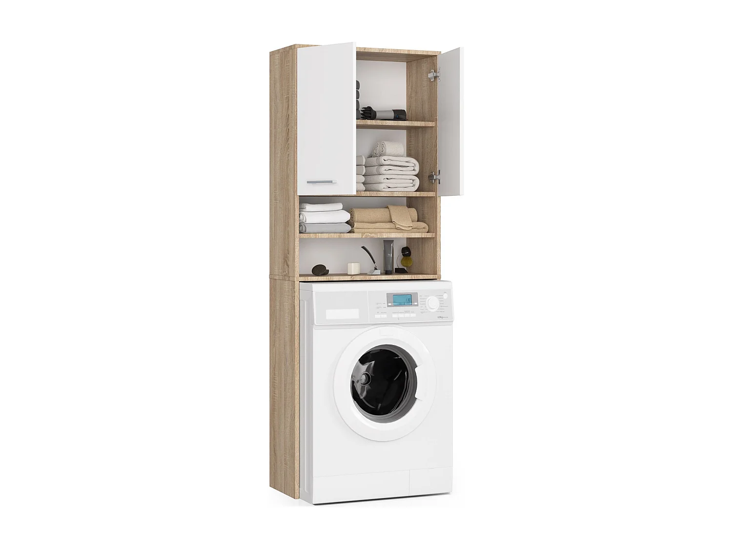 Meuble pour machine à laver FIN Chêne Sonoma 64 cm 2 portes façade Blanche niche 4 étagères 64x30x180 cm