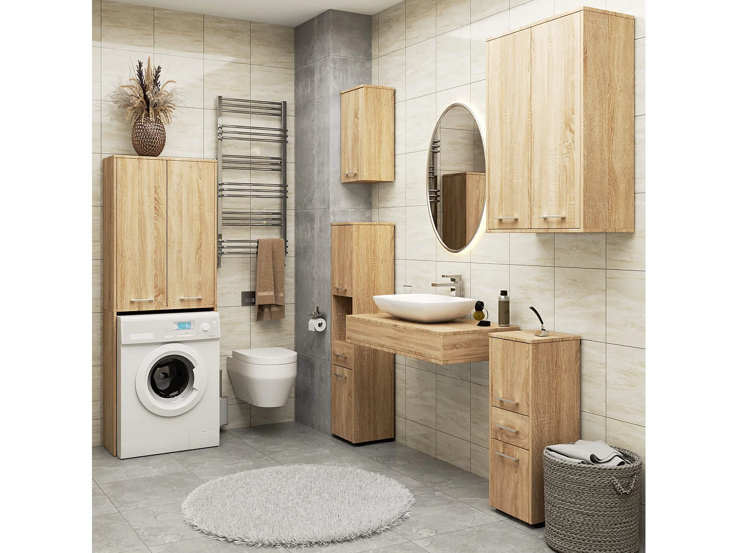 Waschmaschinenschrank AKORD FIN Badschrank Sonoma-Eiche 64 cm breit 2 Türen 4 Ebenen B64 x H180 x T30 cm