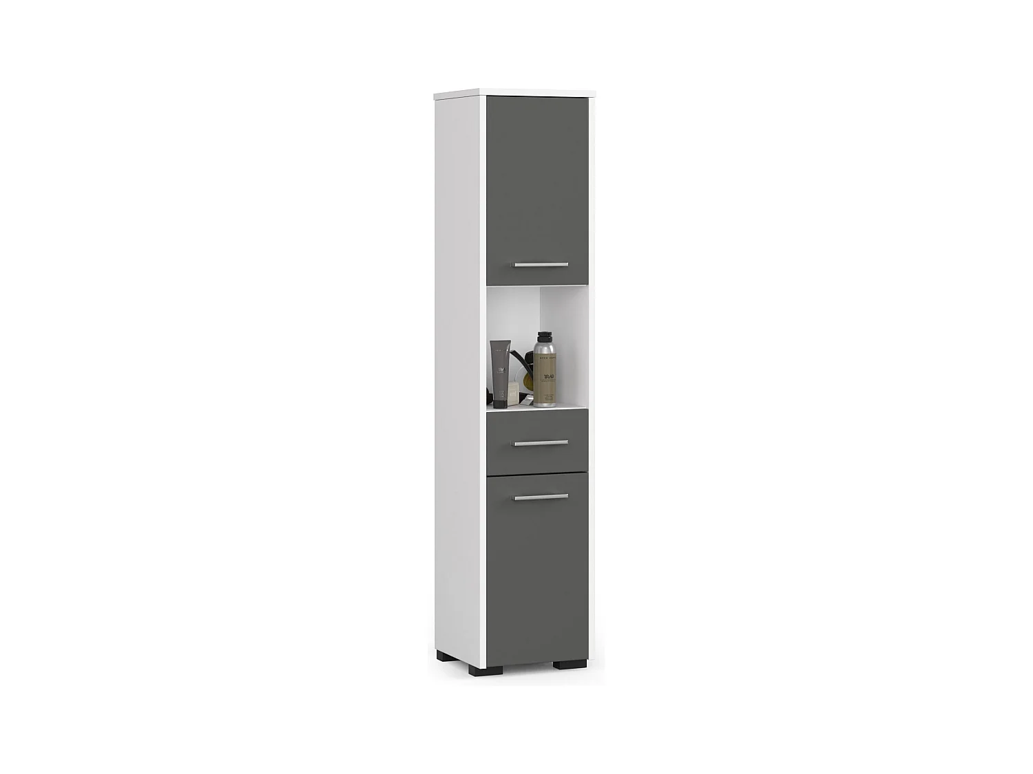 Colonne salle de bains AKORD FIN Blanche 30 cm 2 portes 1 tiroir façade Gris Graphite 5 étagères 30x30x140 cm