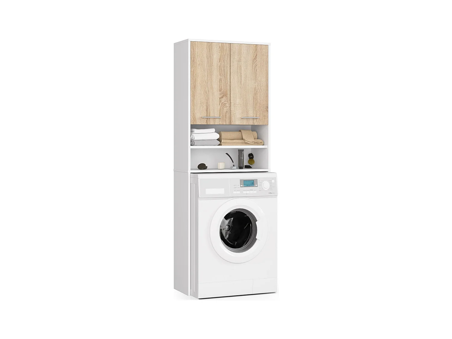 Waschmaschinenschrank AKORD FIN Badschrank Weiß 64 cm breit 2 Türen 4 Ebenen Front Sonoma-Eiche B64 x H180 x T30 cm