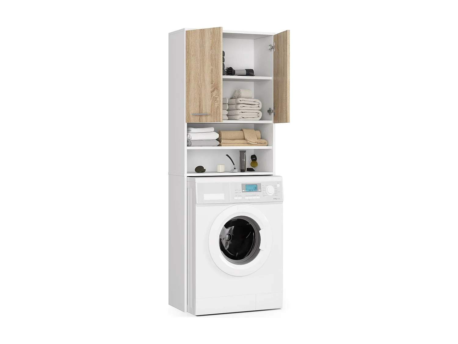 Badkamerkast voor Wasmachine FIN / Hoge Wasmachinekast met 2 Deuren / AKORD Furniture Factory / Wit - Sonoma Eik / 64 x 180 x 30 cm