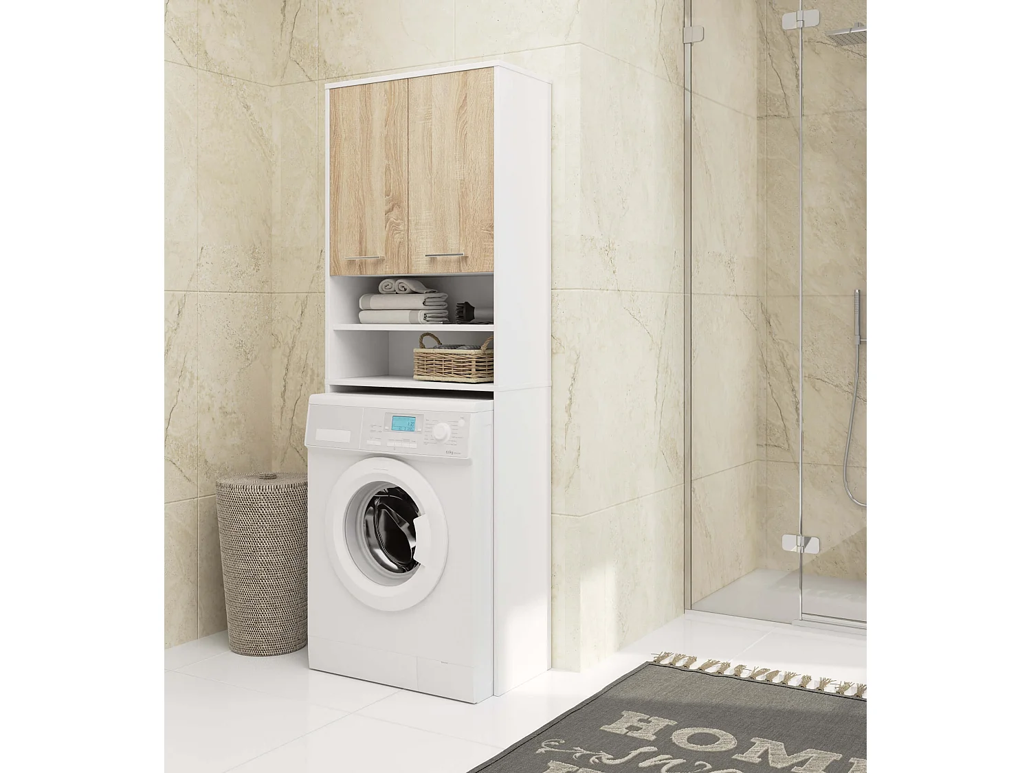 Badkamerkast voor Wasmachine FIN / Hoge Wasmachinekast met 2 Deuren / AKORD Furniture Factory / Wit - Sonoma Eik / 64 x 180 x 30 cm