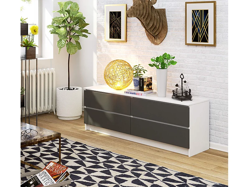 Grande Commode pour le salon AKORD K160 Blanche 160 cm 4 tiroirs façade Gris Graphite 160x40x55 cm