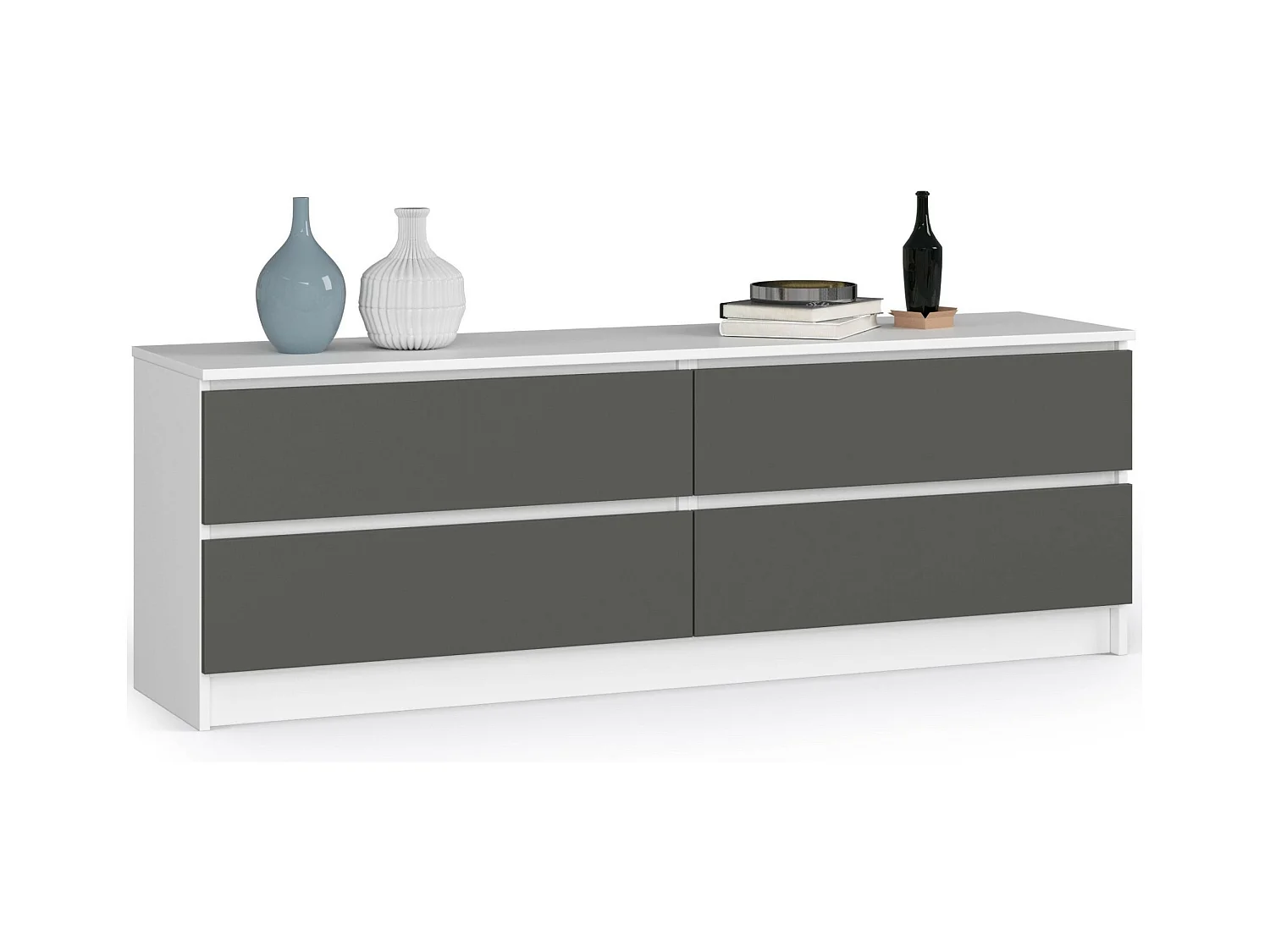 Grande Commode pour le salon AKORD K160 Blanche 160 cm 4 tiroirs façade Gris Graphite 160x40x55 cm